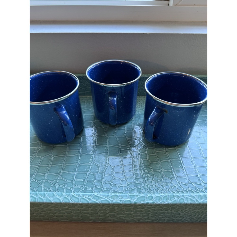 Set Of 3 Speckled Blue Enamelware With Silver Rim Coffee Mugs Camping